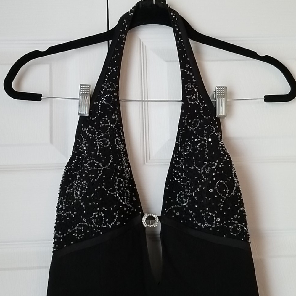 Black beaded evening gown with halter top